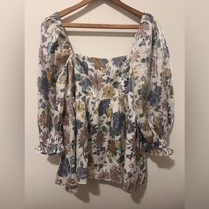 Storia Floral Puff Sleeve Babydoll Blouse - Cream, Blue, Brown
